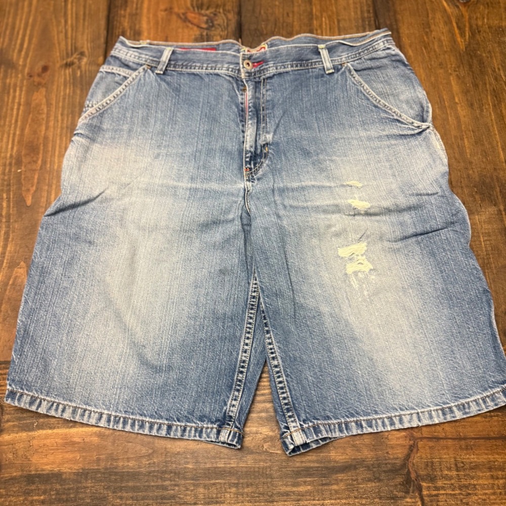 Tommy Hilfiger Carpenter Fit Denim Shorts Mens Size 36 Blue Distressed baggy Vtg